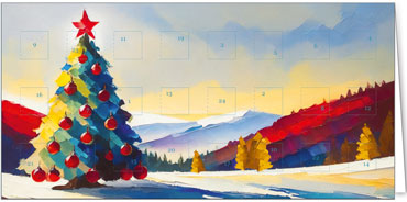 Eine Adventskarte mit einem in Acryl gemalten Weihnachtsbaum auf einem Feld