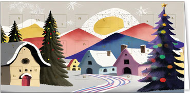 Eine Adventkarte mit einem kindlich gemalten Weihnachtsdorf umegeben von Bäumen und Häusern