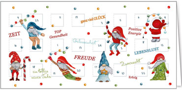 Eine Adventskarte mit Weihnachtswünschen umgeben von lustigen Weihnachtswichtel