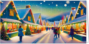 Eine Adventkarte mit einem verschneiten Weihnachtsmarkt und Menschen